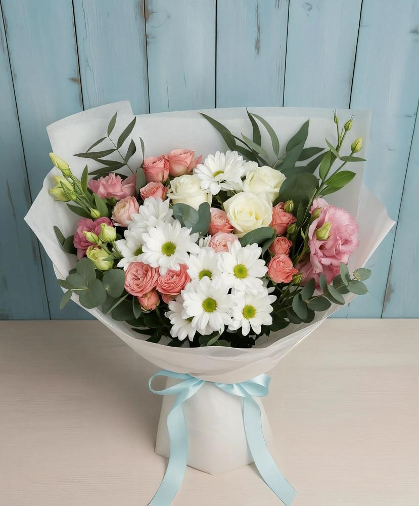 Букет цветов из: Розы, Лизиантусы и Хризантемы в Гостилицы
