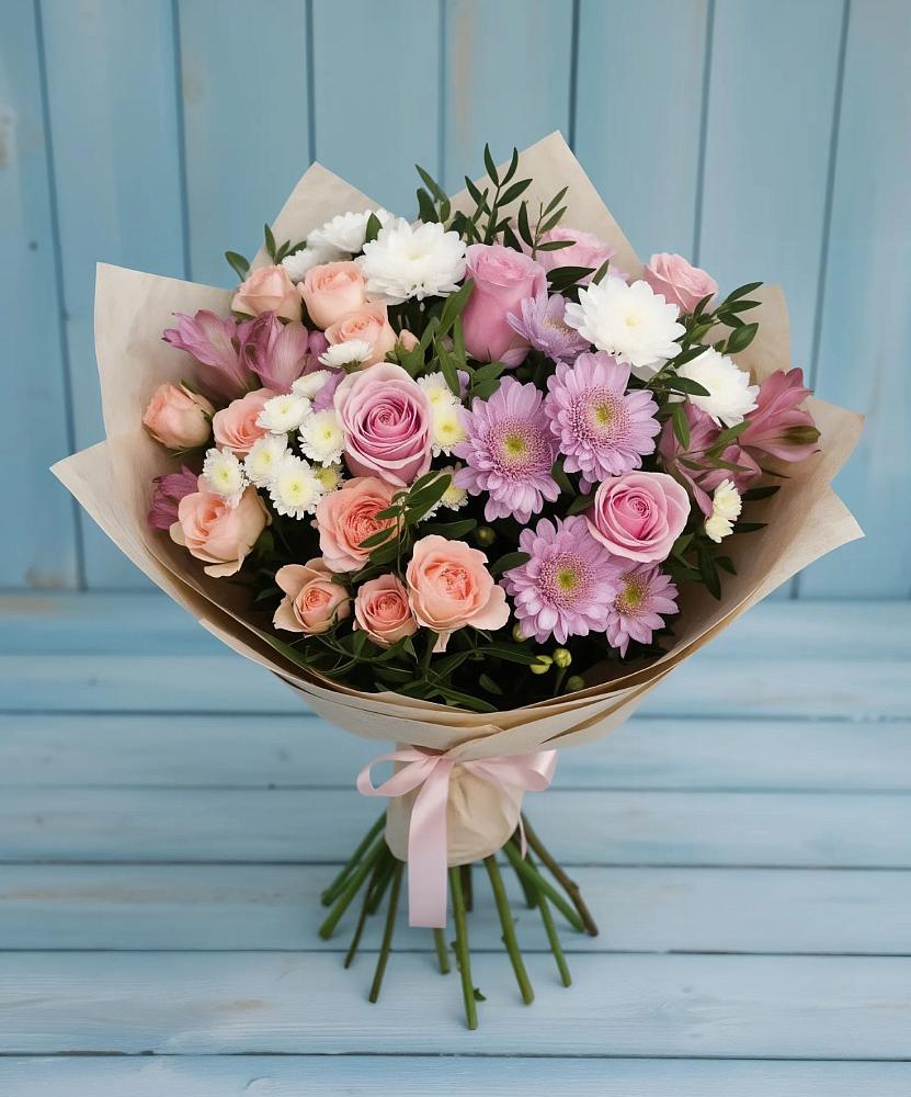 Букет цветов из: Хризантемы, Розы и Альстромерии в Гостилицы