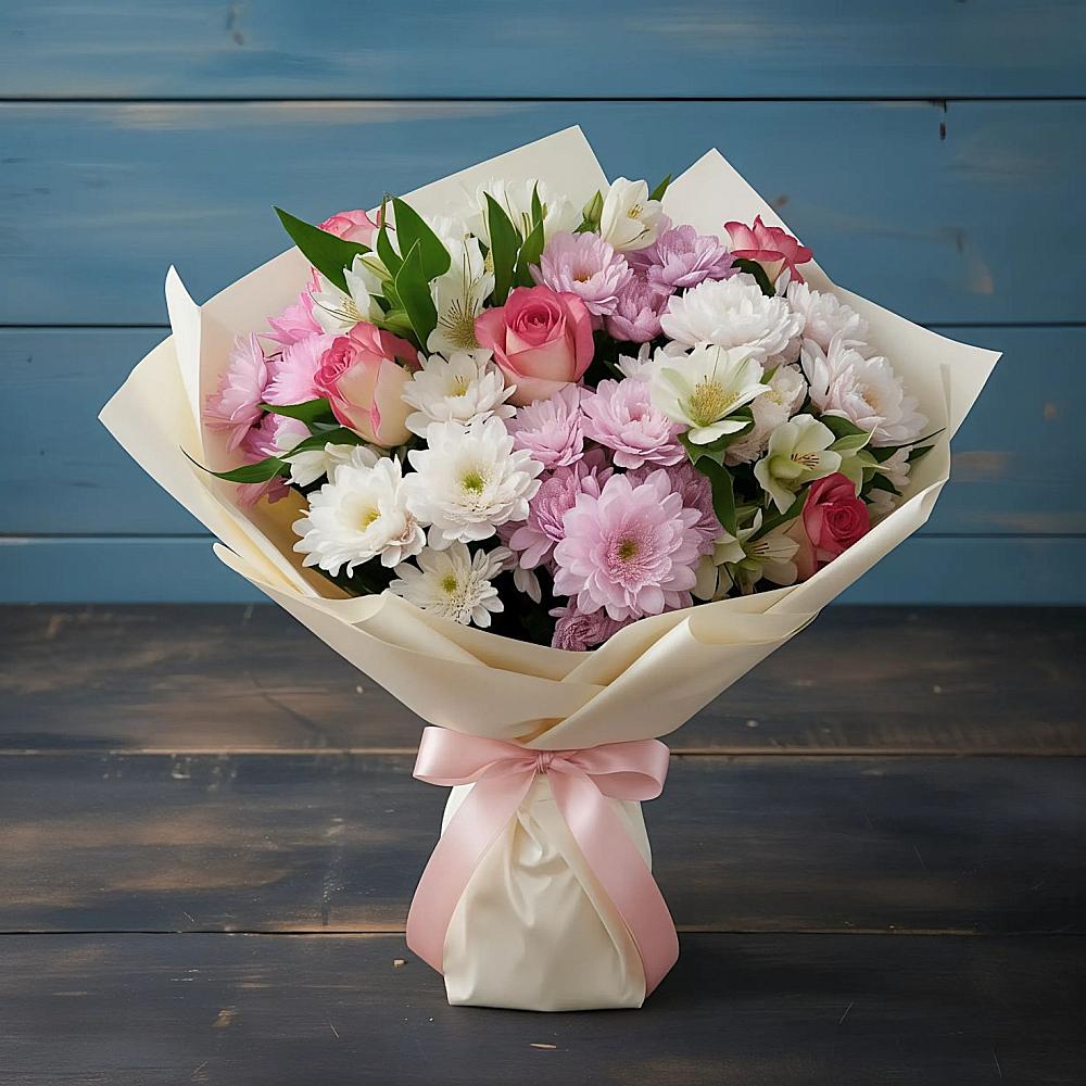 Букет цветов из: Хризантемы, Альстромерии и Розы в Гостилицы